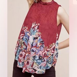 Anthropologie Deletta Epona Tropical Bird Floral Mock Sleeveless Top Red
